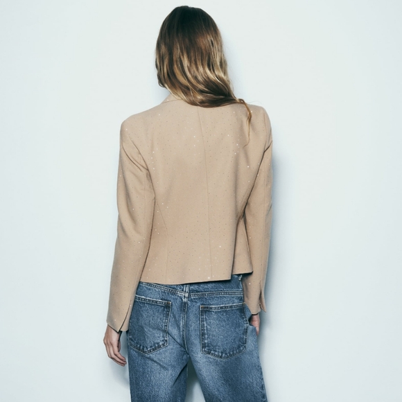 New Zara embellished rhinestone semi dropped blazer beige tan neutral sparkle - Picture 2 of 15